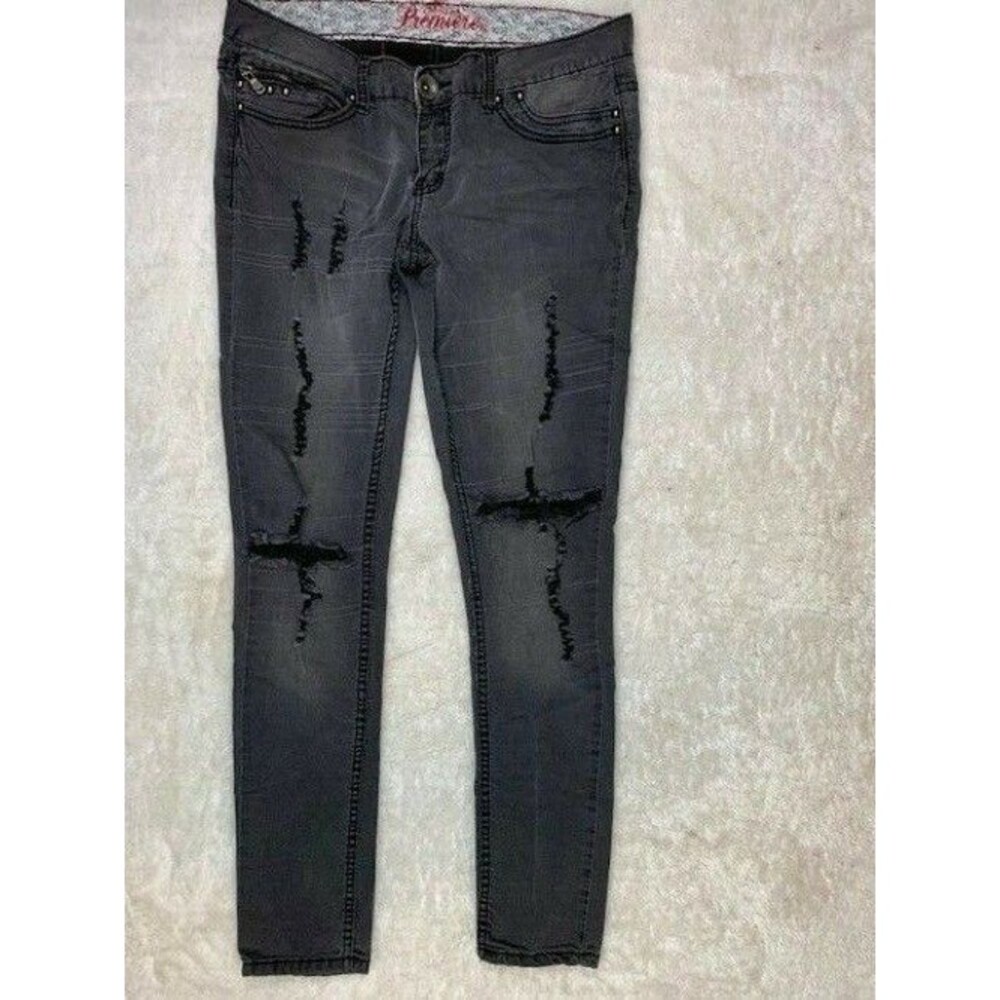 Premiere Size 7/8 Womens Jeans Black Wash Stretch Low Skinny Rip Torn Distress